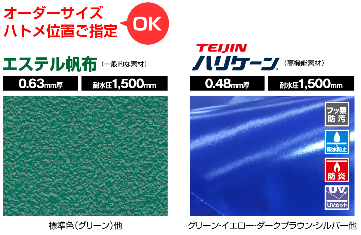 トラックシートのオーダーサイズやハトメ位置指定もOK!エステル帆布（一般的な素材）0.63mm厚／耐水圧1,500mm／標準色（グリーン）、帝人ハリケーン（高機能素材）0.48mm厚／耐水圧1,500mm／フッ素防汚、吸水防止、防炎、UVカット、グリーン・イエロー・ダークブラウン・シルバー他